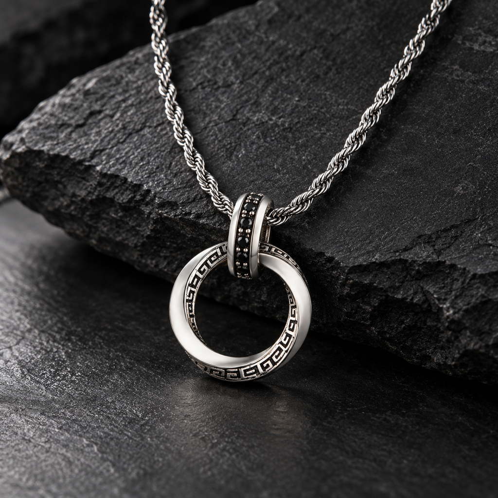 Men’s Möbius Double Ring Necklace – Black & Silver Geometric Pendant