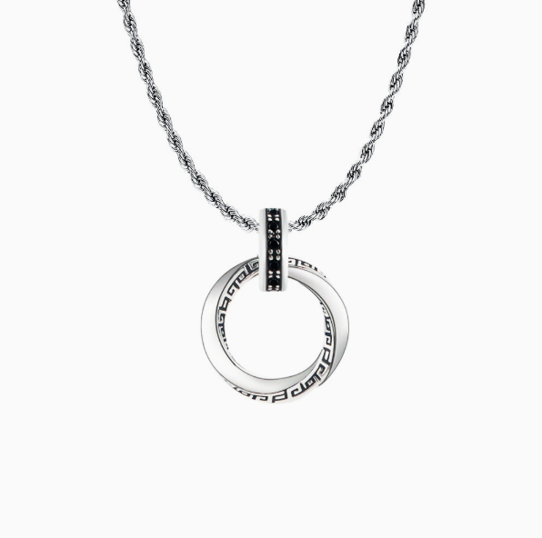 Men’s Möbius Double Ring Necklace – Black & Silver Geometric Pendant