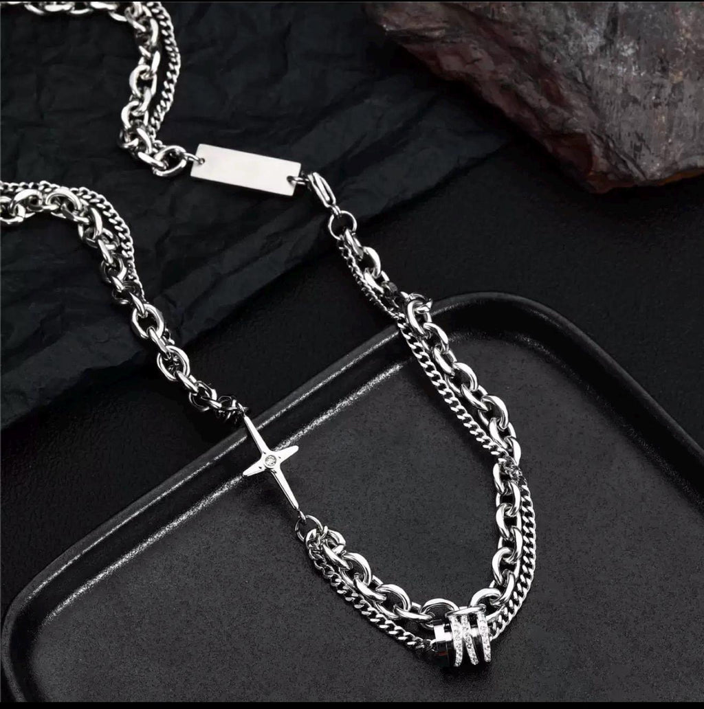 Men’s Double Cross & Lucky Bead Necklace | Titanium Steel | Samvee