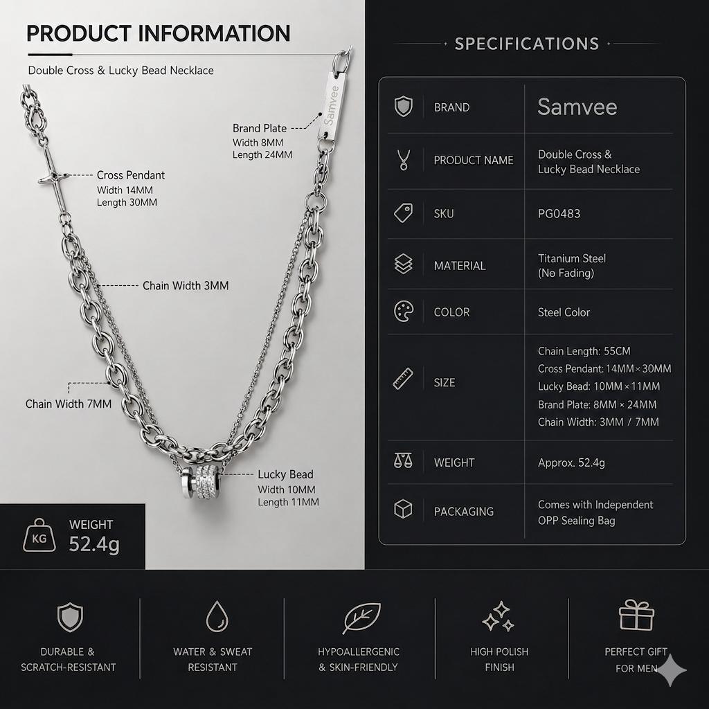 Close-up of Samvee Double Cross and Lucky Bead necklace details