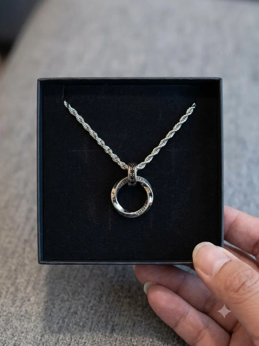 Men’s Möbius Double Ring Necklace – Black & Silver Geometric Pendant