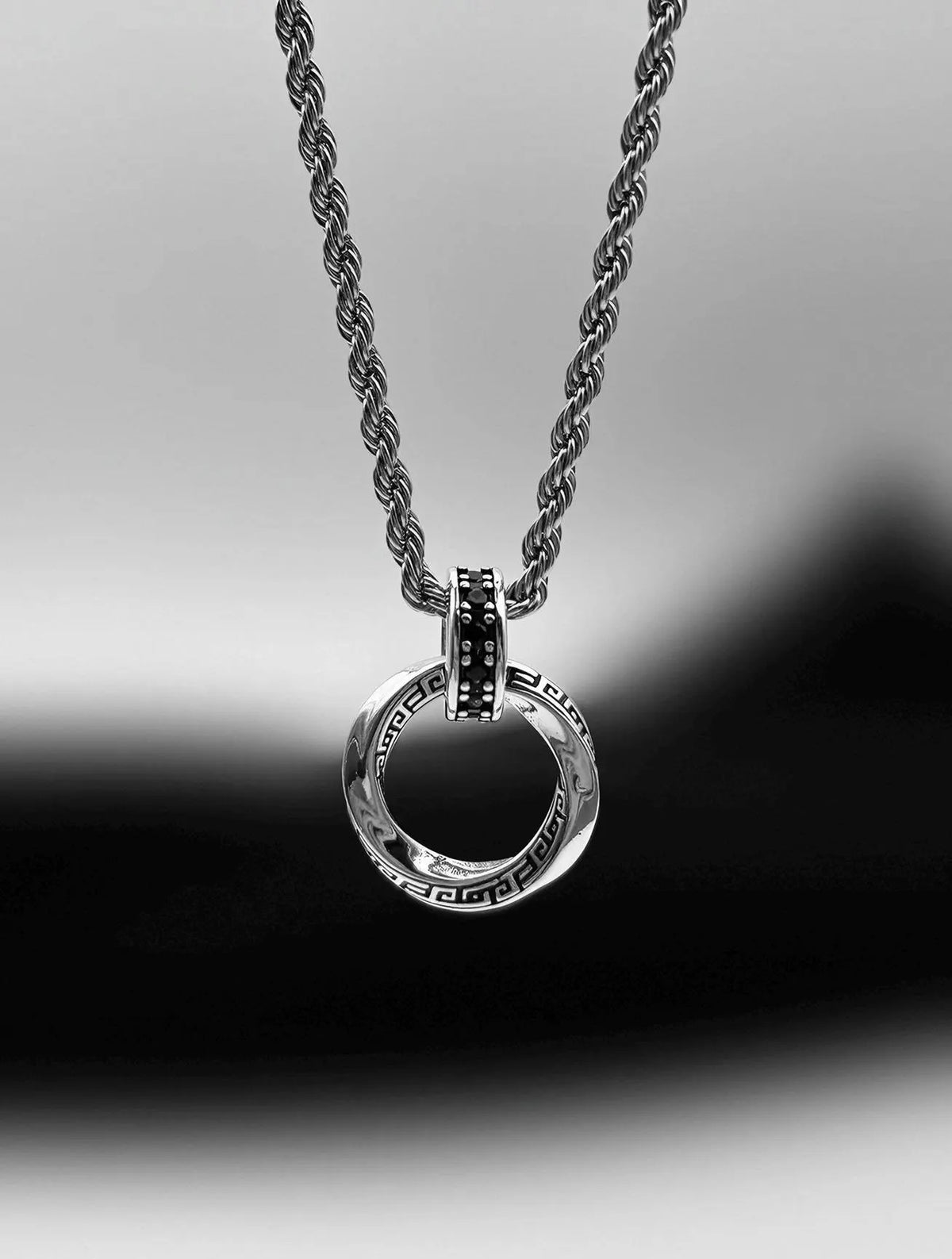 Men’s Möbius Double Ring Necklace – Black & Silver Geometric Pendant